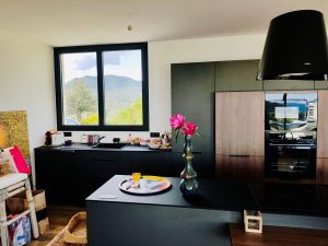 petite cuisine moderne avec fenêtre en aluminium noir rectangulaire